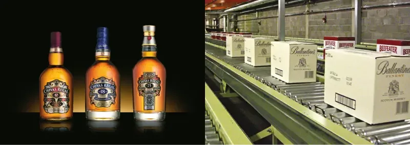 Rodillos motorizados para transportar botellas de licor.